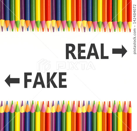 Real or fake words symbol. Concept words Fake and Real on beautiful white paper. Beautiful white background. Colored pencils. Business and real or fake concept. Copy space. 142484072