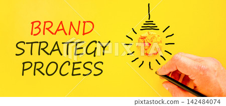 Brand strategy process words symbol. Concept words Brand strategy process on beautiful yellow paper. Beautiful yellow background. Businessman hand. Business brand strategy process concept. Copy space. Brand strategy process words symbol. Concept words Brand strategy process on beautiful yellow paper. Beautiful yellow background. Businessman hand. Business brand strategy process concept. Copy space. 142484074