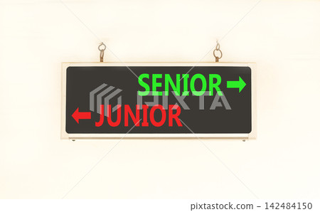 Senior or junior words symbol. Concept words Senior Junior on beautiful black information sign. Beautiful white background. Business and senior or junior concept. Copy space. Senior or junior words symbol. Concept words Senior Junior on beautiful black information sign. Beautiful white background. Business and senior or junior concept. Copy space. 142484150