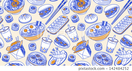 Asian food vector seamless pattern with ramen, sushi rolls, dim sum and bubble tea. Hand drawn line art vector background with traditional japanese and chinese street food cuisine 142484252