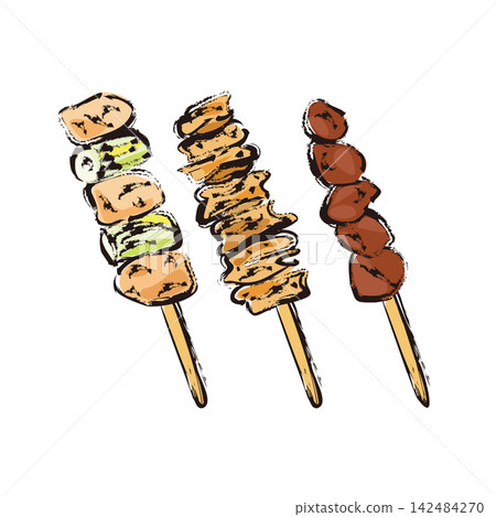 烤雞肉串(Yakitori):雞肉和蔥、雞皮、雞肝、烤串 烤雞肉串(Yakitori):雞肉和蔥、雞皮、雞肝、烤串 142484270