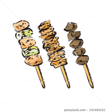 烤雞肉串(Yakitori):雞肉蔥串、雞皮串、雞胗串。 烤雞肉串(Yakitori):雞肉蔥串、雞皮串、雞胗串。 142484281