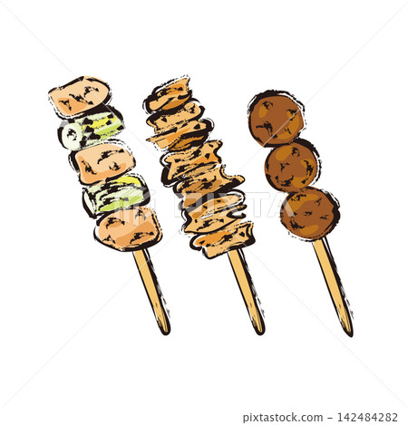 Yakitori (grilled chicken skewers): Negima (chicken and green onion skewers), Torikawa (chicken skin skewers), Tsukune (chicken meatballs skewers) Yakitori (grilled chicken skewers): Negima (chicken and green onion skewers), Torikawa (chicken skin skewers), Tsukune (chicken meatballs skewers) 142484282