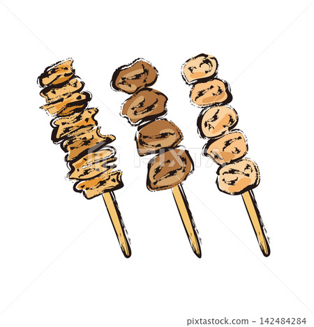 Yakitori (grilled chicken skewers): chicken skin, chicken hearts, chicken thighs Yakitori (grilled chicken skewers): chicken skin, chicken hearts, chicken thighs 142484284