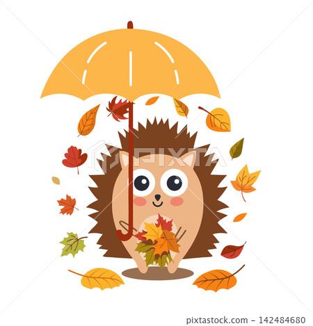 Cute Hedgehog Under Umbrella Holding Autumn Leaves. Fall Illustration. Cute Hedgehog Under Umbrella Holding Autumn Leaves. Fall Illustration. 142484680