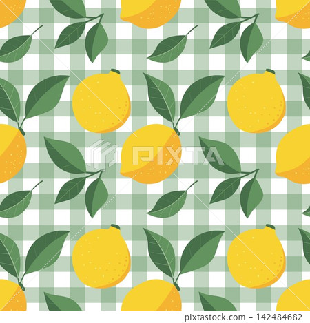Seamless pattern with lemons and leaves on a green checkered background. Seamless pattern with lemons and leaves on a green checkered background. 142484682