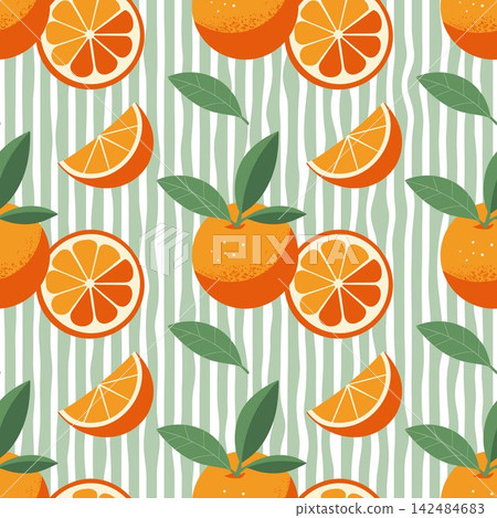 Seamless pattern with oranges and leaves on a green striped background. Seamless pattern with oranges and leaves on a green striped background. 142484683