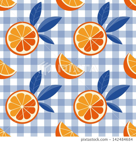 Seamless pattern with oranges and leaves on a blue checkered background Seamless pattern with oranges and leaves on a blue checkered background 142484684