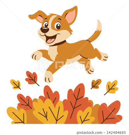 Cute puppy dog jumping on autumn leaves background. Autumn illustration. Cute puppy dog jumping on autumn leaves background. Autumn illustration. 142484685