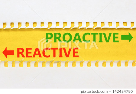 Proactive and reactive symbol. Concept word Proactive Reactive on beautiful yellow paper. Beautiful white background. Business proactive and reactive concept. Copy space. Proactive and reactive symbol. Concept word Proactive Reactive on beautiful yellow paper. Beautiful white background. Business proactive and reactive concept. Copy space. 142484790