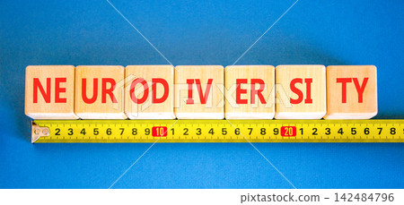 Neurodiversity word symbol. Concept word Neurodiversity on beautiful wooden blocks. Beautiful blue background. Yellow ruler. Business science biological medical neurodiversity word concept. Copy space Neurodiversity word symbol. Concept word Neurodiversity on beautiful wooden blocks. Beautiful blue background. Yellow ruler. Business science biological medical neurodiversity word concept. Copy space 142484796