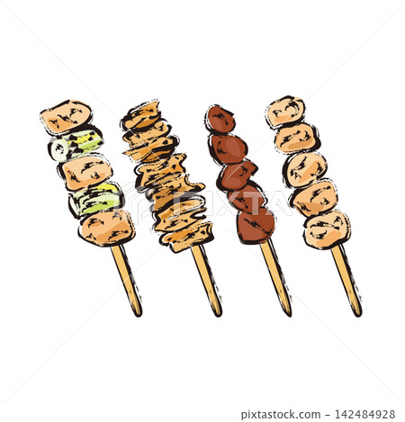 烤雞肉串(Yakitori):雞肉和蔥、雞皮、雞肝、雞腿肉。 烤雞肉串(Yakitori):雞肉和蔥、雞皮、雞肝、雞腿肉。 142484928