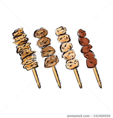 Yakitori (grilled chicken skewers): chicken skin, chicken hearts, chicken thigh, chicken liver Yakitori (grilled chicken skewers): chicken skin, chicken hearts, chicken thigh, chicken liver 142484930