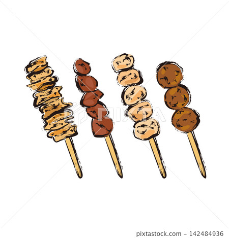 Yakitori (grilled chicken skewers): chicken skin, liver, thigh, meatballs 142484936