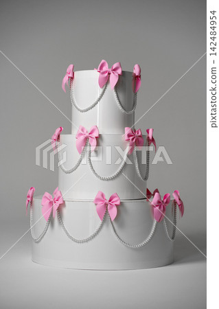 Coquette style wedding cake decor with pink bows and pearl beads on grey background Coquette style wedding cake decor with pink bows and pearl beads on grey background 142484954