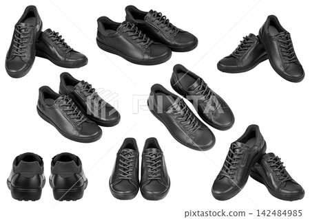 Black leather sneakers set from different angles isolated on white background Black leather sneakers set from different angles isolated on white background 142484985