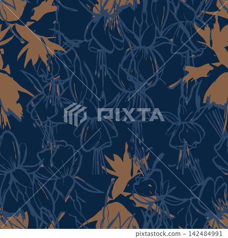 Elegant pendulous fuchsia botanical line art vector pattern on navy blue. Ideal seamless repeat for luxury fabric, wallpaper, apparel, and packaging. Elegant pendulous fuchsia botanical line art vector pattern on navy blue. Ideal seamless repeat for luxury fabric, wallpaper, apparel, and packaging. 142484991