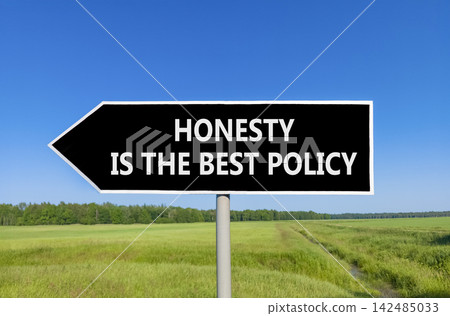 Honesty is the best policy symbol. Concept words Honesty is the best policy on beautiful black road sign. Beautiful blue sky green field background. Business honesty is best policy concept Copy space Honesty is the best policy symbol. Concept words Honesty is the best policy on beautiful black road sign. Beautiful blue sky green field background. Business honesty is best policy concept Copy space 142485033