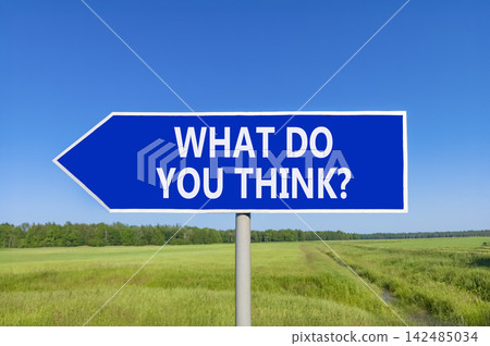 Support, help what do you think symbol. Concept words What do you think on beautiful blue road sign. Beautiful blue sky green field background. Business what do you think concept. Copy space. Support, help what do you think symbol. Concept words What do you think on beautiful blue road sign. Beautiful blue sky green field background. Business what do you think concept. Copy space. 142485034