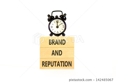Brand and reputation words symbol. Concept words Brand and reputation on beautiful wooden blocks. Beautiful white background. Black alarm clock. Business brand and reputation concept. Copy space. Brand and reputation words symbol. Concept words Brand and reputation on beautiful wooden blocks. Beautiful white background. Black alarm clock. Business brand and reputation concept. Copy space. 142485067
