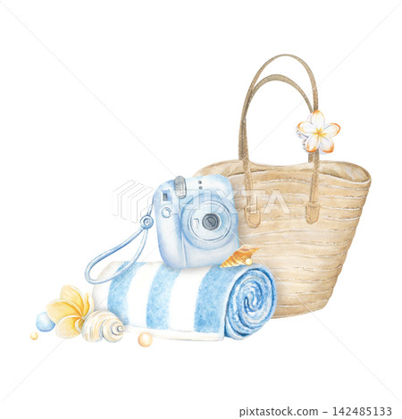 A watercolor composition themed around a beach vacation. A bag, towel, and accessories for relaxing by the sea, ocean, or pool. Plumeria and shells are hand-painted. A camera for a trip with friends. A watercolor composition themed around a beach vacation. A bag, towel, and accessories for relaxing by the sea, ocean, or pool. Plumeria and shells are hand-painted. A camera for a trip with friends. 142485133