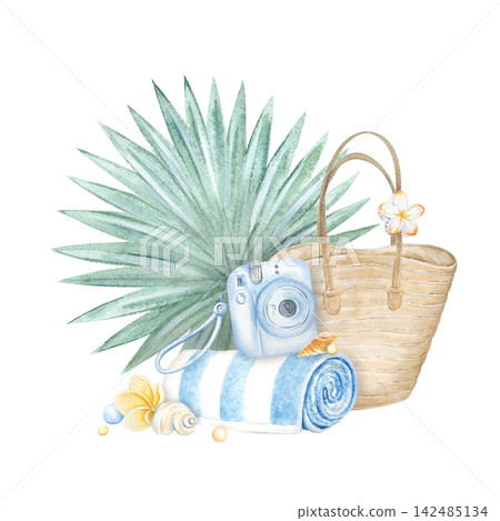 A watercolor composition themed around a tropical seaside vacation. A palm tree, bag, and towel are featured, perfect for relaxing on the ocean and islands. Plumeria and a camera are hand-painted. A watercolor composition themed around a tropical seaside vacation. A palm tree, bag, and towel are featured, perfect for relaxing on the ocean and islands. Plumeria and a camera are hand-painted. 142485134