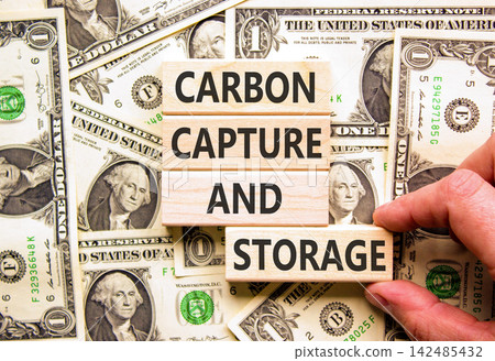 Carbon capture and storage words symbol. Concept words Carbon capture and storage on beautiful wooden blocks. Beautiful dollar bills background. Business carbon capture and storage concept. Copy space Carbon capture and storage words symbol. Concept words Carbon capture and storage on beautiful wooden blocks. Beautiful dollar bills background. Business carbon capture and storage concept. Copy space 142485432