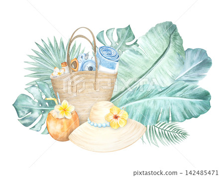 A watercolor template with a tropical summer vacation theme. Banana palm leaves and monstera. A hand-drawn coconut cocktail with plumeria. Seashells from the beach. A beach bag with accessories A watercolor template with a tropical summer vacation theme. Banana palm leaves and monstera. A hand-drawn coconut cocktail with plumeria. Seashells from the beach. A beach bag with accessories 142485471