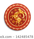 Oriental Paper Graphic Cut Art of Floral Pattern Golden Goat Symbol on Circle Layers Border 142485478