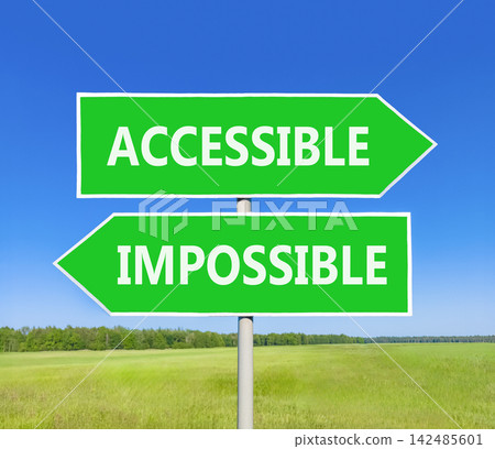 Accessible or impossible symbol. Concept words Accessible or Impossible on beautiful green road sign. Beautiful blue sky background. Business accessible or impossible concept. Copy space. Accessible or impossible symbol. Concept words Accessible or Impossible on beautiful green road sign. Beautiful blue sky background. Business accessible or impossible concept. Copy space. 142485601