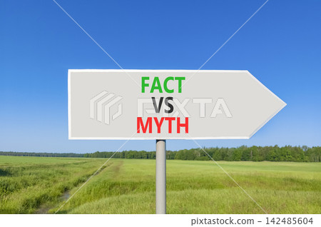 Fact vs versus myth words symbol. Concept words Fact vs Myth on beautiful grey road sign. Beautiful blue sky green grass background. Business and fact vs versus myth concept. Copy space. 142485604
