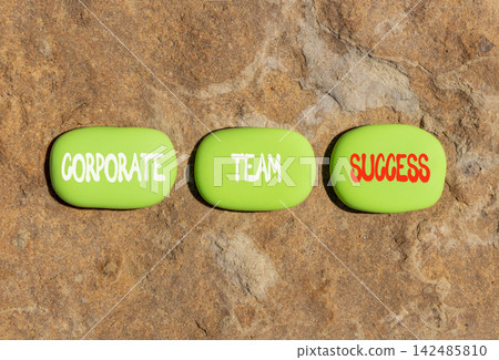 Corporate team success words symbol. Concept words Corporate team success on beautiful green stones. Beautiful stone background. Business corporate team success concept. Copy space. 142485810