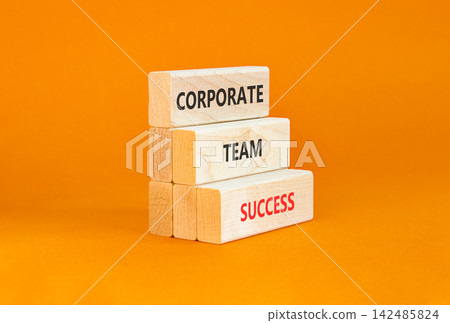 Corporate team success words symbol. Concept words Corporate team success on beautiful wooden blocks. Beautiful orange background. Business corporate team success concept. Copy space. 142485824