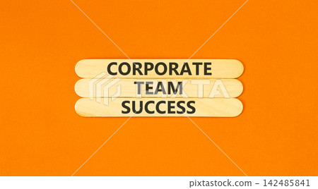 Corporate team success words symbol. Concept words Corporate team success on beautiful wooden sticks. Beautiful orange background. Business corporate team success concept. Copy space. 142485841