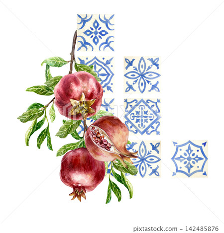 Ripe pomegranates with green leaves and blue azulejo tiles. Hand drawn watercolor illustration isolated on a white. Perfect for packaging, textiles, wall hangings and Mediterranean style decor. Ripe pomegranates with green leaves and blue azulejo tiles. Hand drawn watercolor illustration isolated on a white. Perfect for packaging, textiles, wall hangings and Mediterranean style decor. 142485876