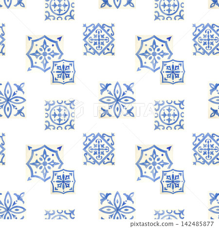 Blue azulejo tile motifs, seamless pattern. Hand drawn watercolor illustration, isolated. Perfect for packaging, textiles, wallpaper and Mediterranean style decor. 142485877