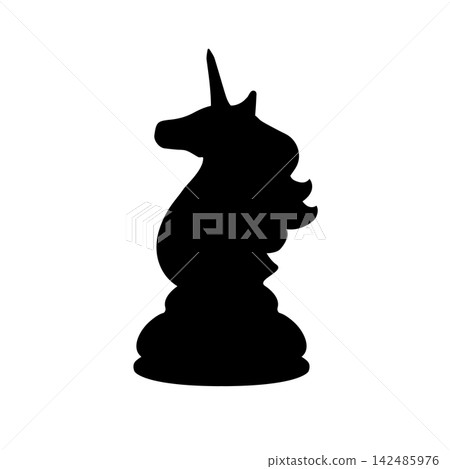 Chess black unicorn silhouette isolated on a white background. Vector art concept for business training logo, emblem, funny sticker, t-shirt print, web banner, kid's poster, game icon, team heraldry Chess black unicorn silhouette isolated on a white background. Vector art concept for business training logo, emblem, funny sticker, t-shirt print, web banner, kid's poster, game icon, team heraldry 142485976