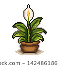 Pixel art potted peace lily plant with single white bloom and broad green leaves in brown clay pot 142486186
