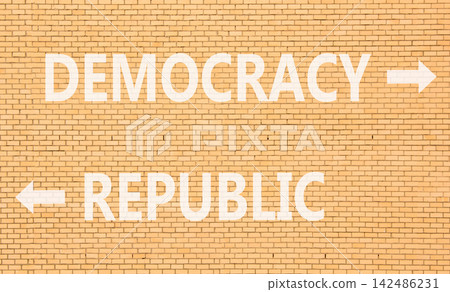 Democracy or republic words symbol. Concept words Democracy Republic on beautiful brick wall. Beautiful brick wall background. Business democracy republic concept. Copy space 142486231
