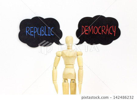 Democracy or republic words symbol. Concept words Democracy Republic on beautiful speech bubbles. Beautiful white background. Businessman model. Business democracy republic concept. Copy space Democracy or republic words symbol. Concept words Democracy Republic on beautiful speech bubbles. Beautiful white background. Businessman model. Business democracy republic concept. Copy space 142486232