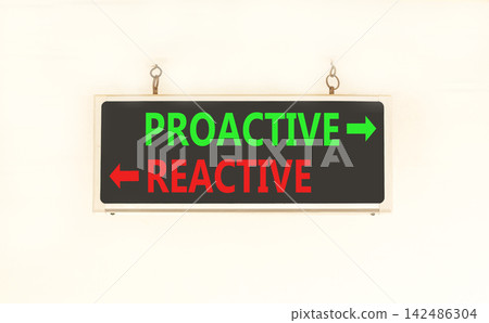 Proactive and reactive symbol. Concept word Proactive Reactive on beautiful black information sign. Beautiful white background. Business proactive and reactive concept. Copy space. Proactive and reactive symbol. Concept word Proactive Reactive on beautiful black information sign. Beautiful white background. Business proactive and reactive concept. Copy space. 142486304