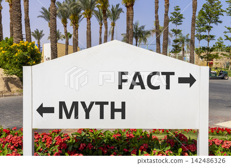 Fact or myth words symbol. Concept words Myth and Fact on beautiful white road sign. Beautiful palm trees background. Business and fact or myth concept. Copy space. Fact or myth words symbol. Concept words Myth and Fact on beautiful white road sign. Beautiful palm trees background. Business and fact or myth concept. Copy space. 142486326