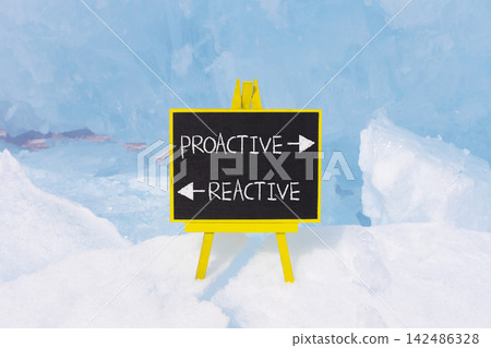 Proactive and reactive symbol. Concept word Proactive Reactive on beautiful yellow blackboard. Beautiful blue ice background. Business proactive and reactive concept. Copy space. Proactive and reactive symbol. Concept word Proactive Reactive on beautiful yellow blackboard. Beautiful blue ice background. Business proactive and reactive concept. Copy space. 142486328