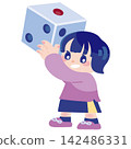 A girl holding a large die 142486331