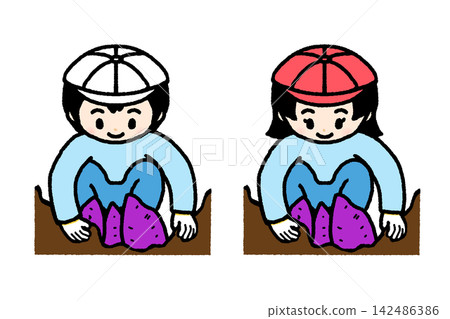 一組彩色插圖,描繪了學齡前兒童和小朋友挖紅薯的場景。 一組彩色插圖,描繪了學齡前兒童和小朋友挖紅薯的場景。 142486386