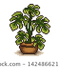 Pixel art potted monstera plant with broad split leaves in brown clay pot on white background 142486621