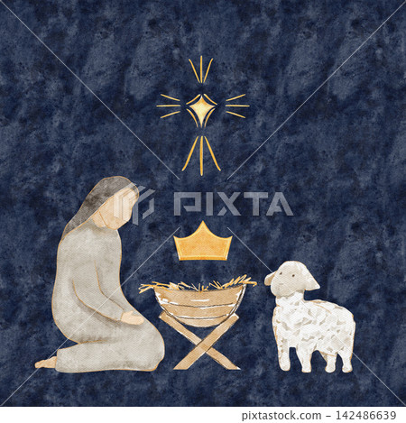 Kneeling Mary beside a manger, crown, lamb and glowing golden star. Hand-painted watercolor nativity illustration on textured blue, scene ideal for Christmas cards, devotionals, and holiday designs Kneeling Mary beside a manger, crown, lamb and glowing golden star. Hand-painted watercolor nativity illustration on textured blue, scene ideal for Christmas cards, devotionals, and holiday designs 142486639