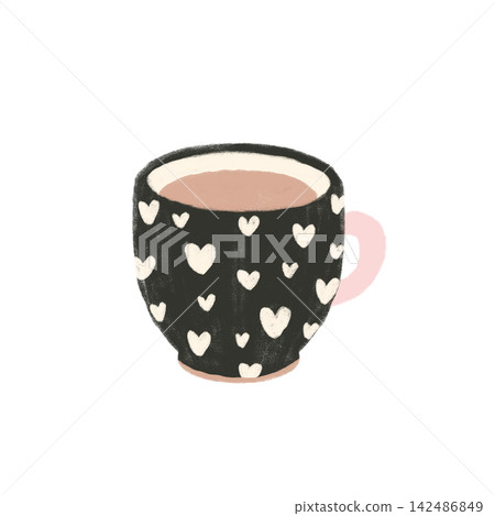 Cozy black heart mug, pencil sketch cute autumn coffee cup illustration Cozy black heart mug, pencil sketch cute autumn coffee cup illustration 142486849