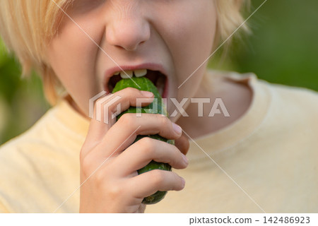 Young blond child biting a raw green cucumber outdoors, enjoying a crunchy, wholesome plant based snack and promoting healthy eating and fresh garden produce 142486923