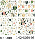 Hand drawn Christmas seamless patterns with cozy winter items in vintage colors 142486946